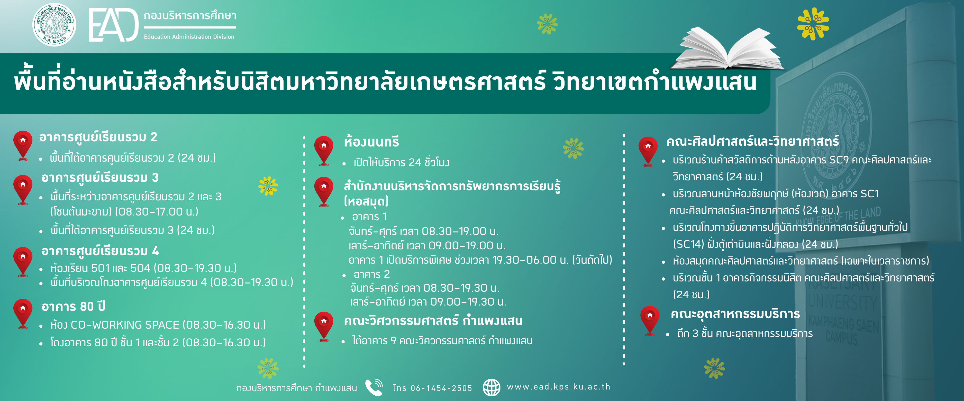 โค้งสุดท้ายก่อนสอบ midterm พื้นที่อ่านหนังสือรอบมหาวิทยาลัยเกษตรศาสตร์ วิทยาเขตกำเเพงเเสน พร้อมให้บริการ!